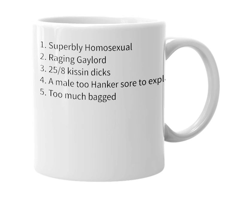 White mug with the definition of 'especially gay'