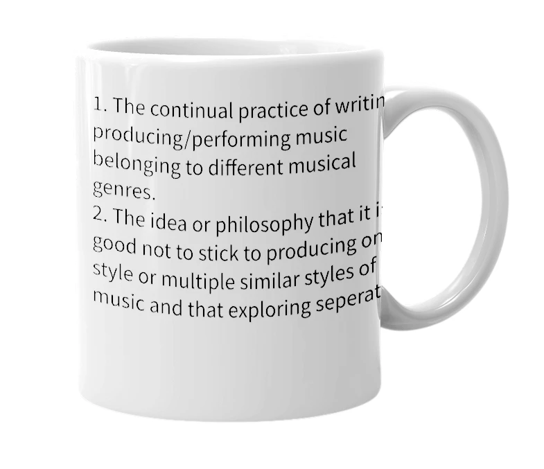 White mug with the definition of 'multigenrism'