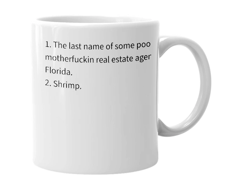 White mug with the definition of 'Shimp'