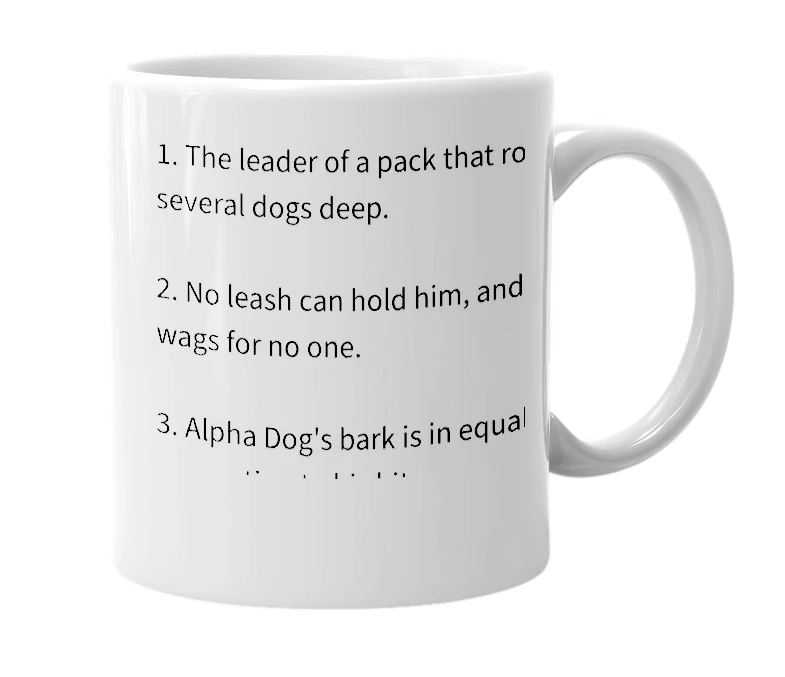 White mug with the definition of 'Alpha Dog'