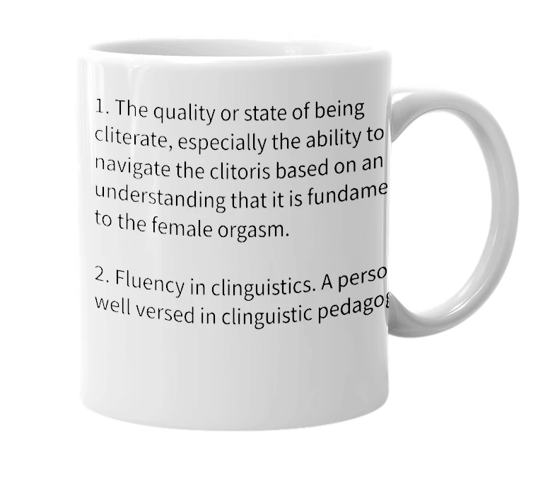White mug with the definition of 'cliteracy'