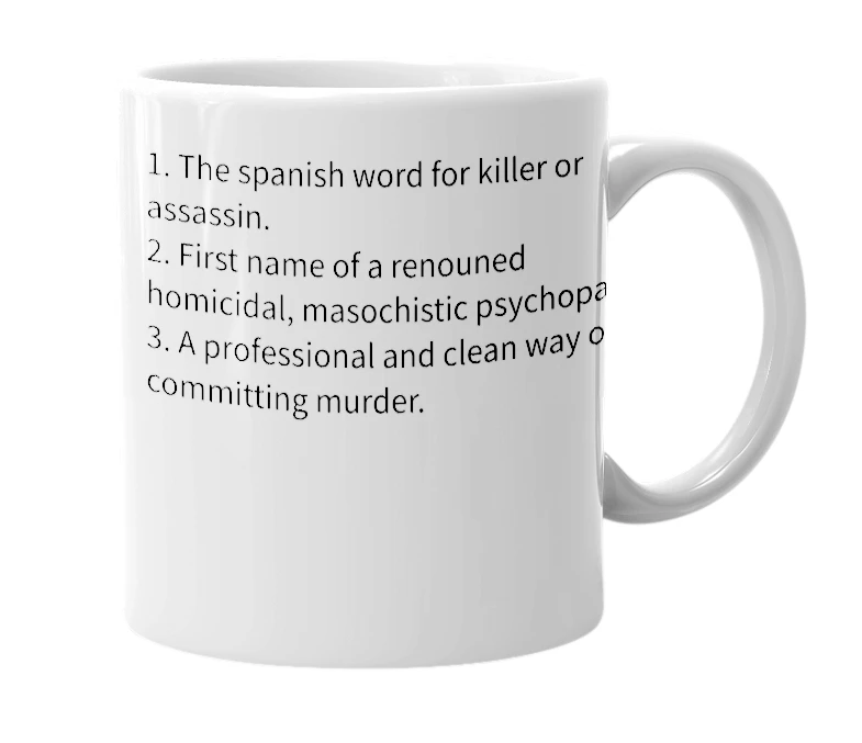 White mug with the definition of 'asesino'