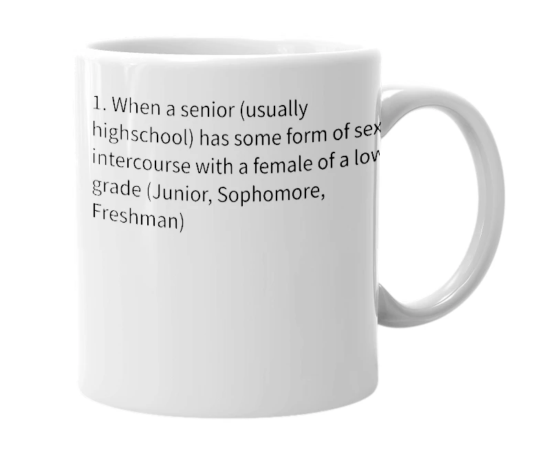 White mug with the definition of 'Slip Her The Senior D'