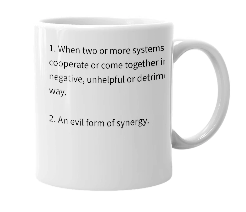 White mug with the definition of 'sinergy'