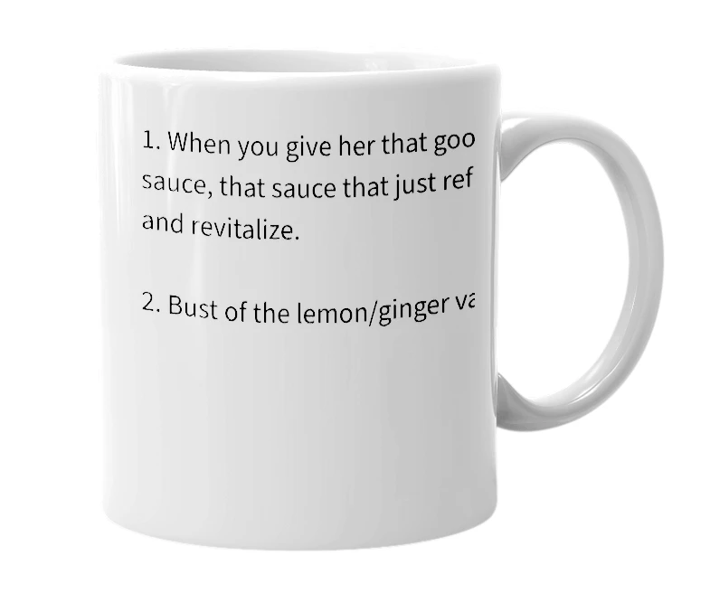 White mug with the definition of 'lemon ginger bust'