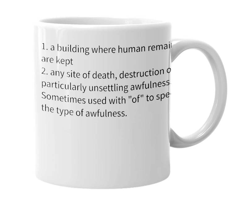 White mug with the definition of 'charnel house'