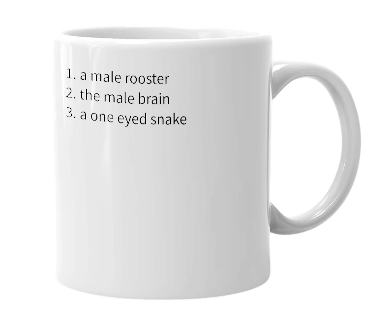 White mug with the definition of 'cock'