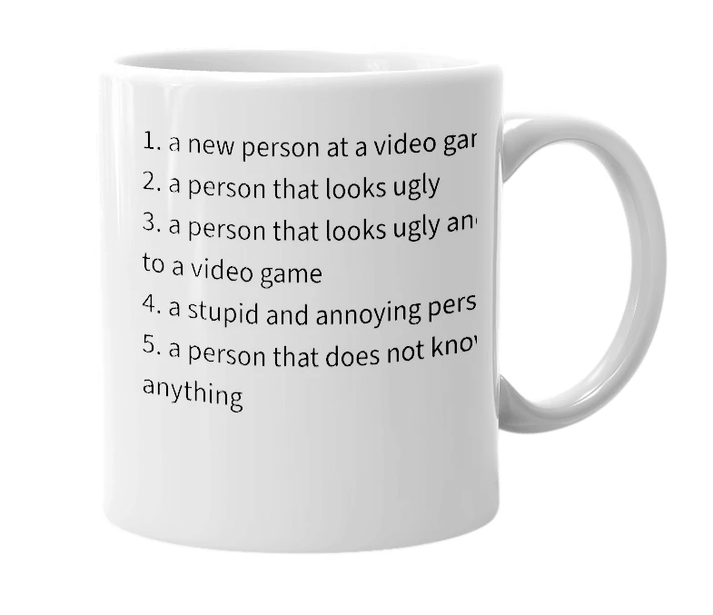 White mug with the definition of 'Noob'