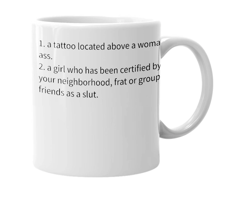 White mug with the definition of 'tramp stamp'