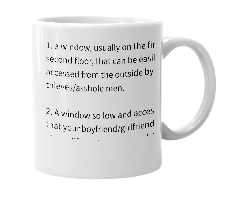White mug with the definition of 'Romeo window'