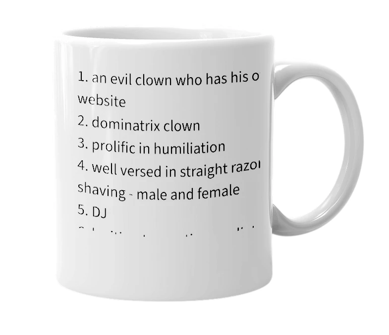 White mug with the definition of 'ouchy the clown'