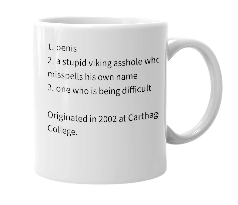 White mug with the definition of 'pener'