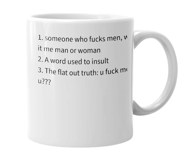 White mug with the definition of 'man fucker'