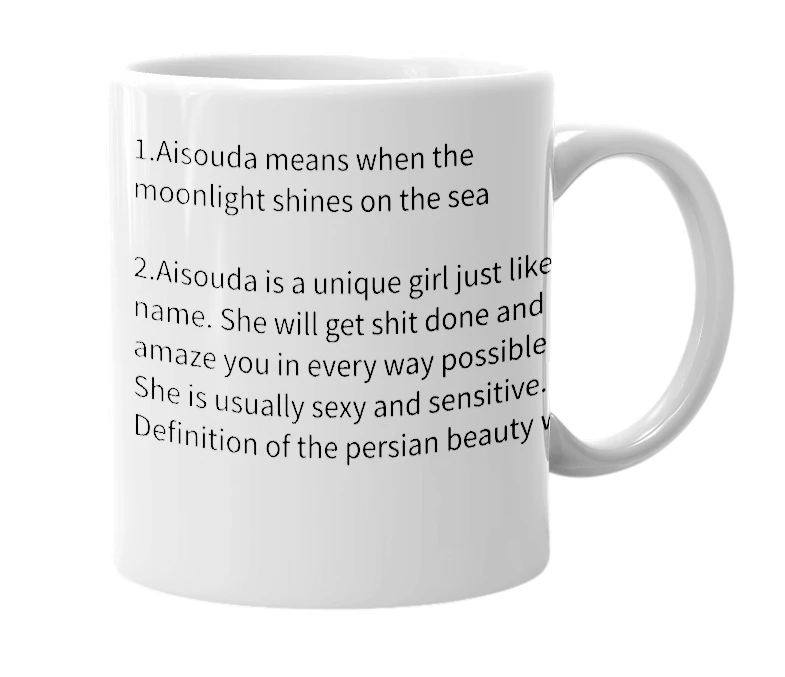 White mug with the definition of 'Aisouda'