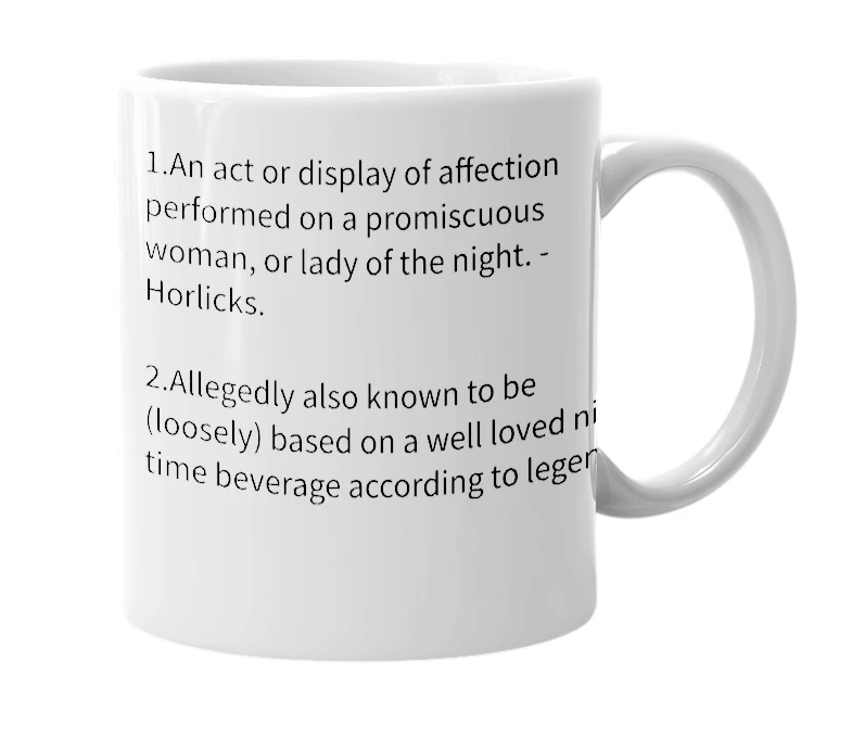 White mug with the definition of 'horlicks'
