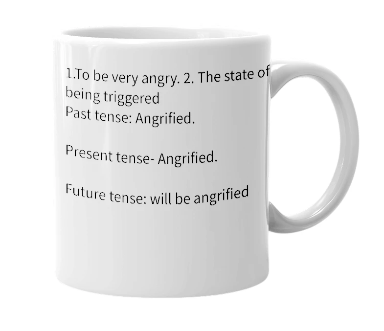 White mug with the definition of 'Angrify'