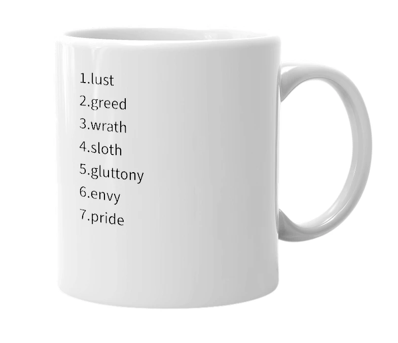 White mug with the definition of 'the 7 deadly sins'