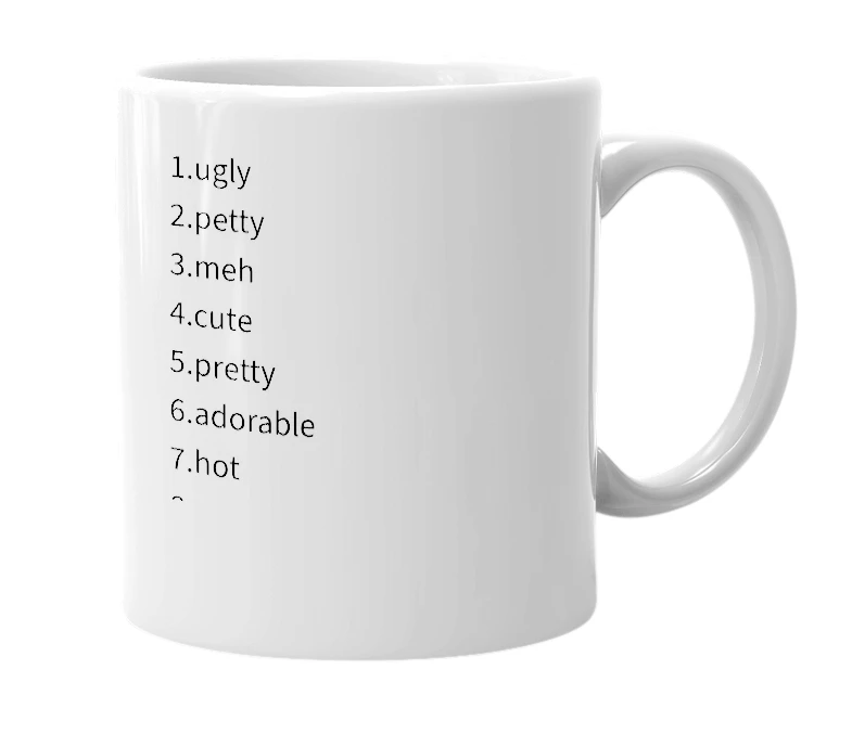 White mug with the definition of '1-10 Female attractIveness scale'