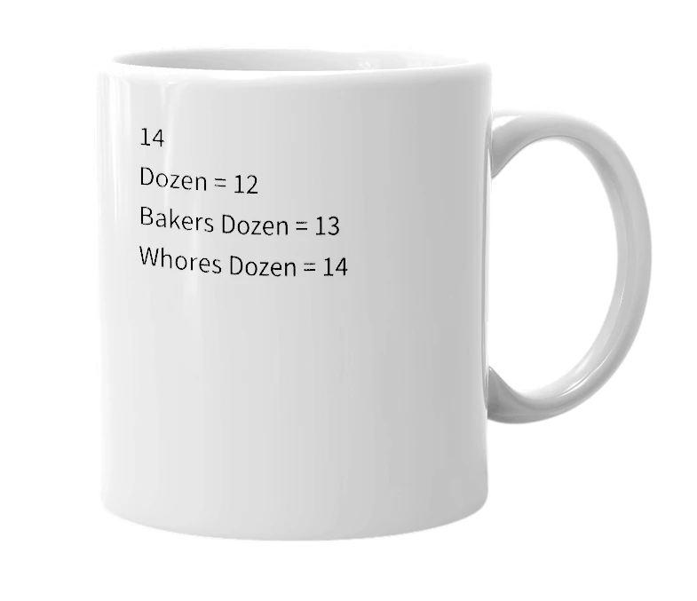 White mug with the definition of 'Whores Dozen'