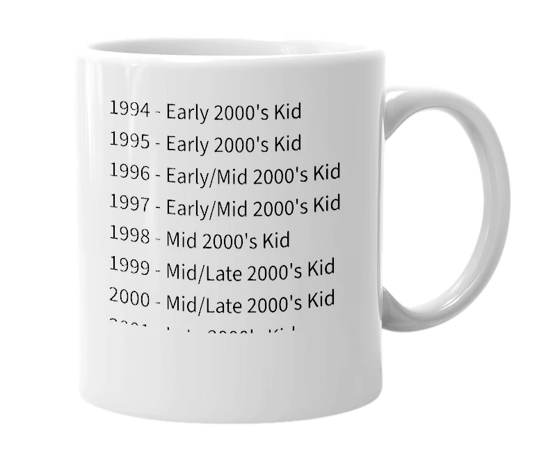 White mug with the definition of '2000's Kid'