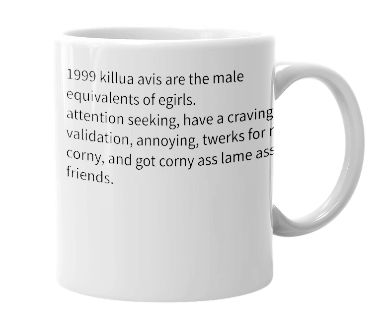 White mug with the definition of 'killua avi'