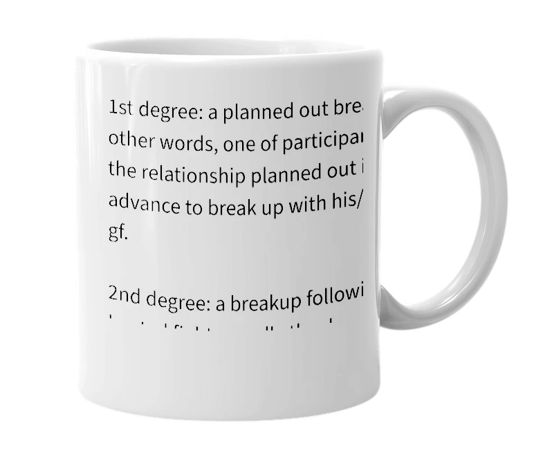 White mug with the definition of '1st, 2nd, 3rd degree break up.'