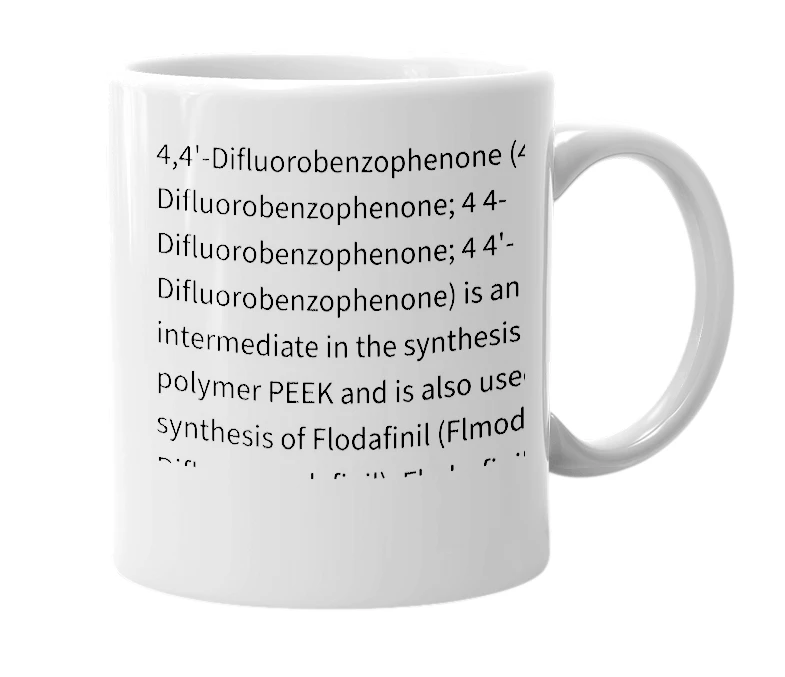 White mug with the definition of '4,4'-Difluorobenzophenone'