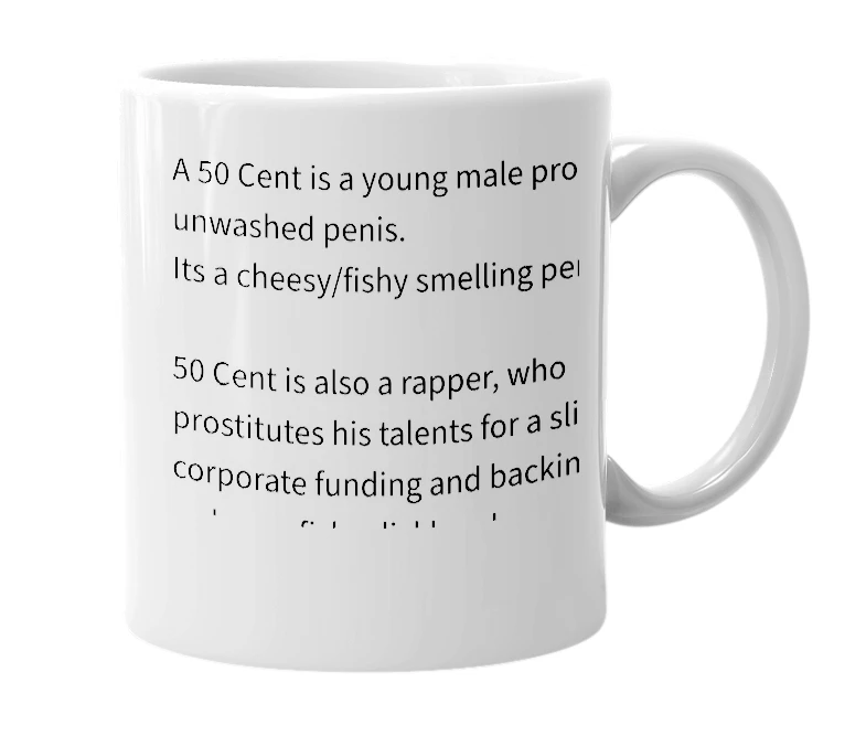 White mug with the definition of '50 cent'