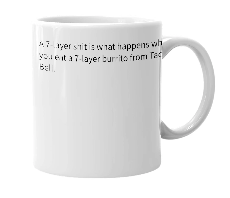 White mug with the definition of '7-layer shit'