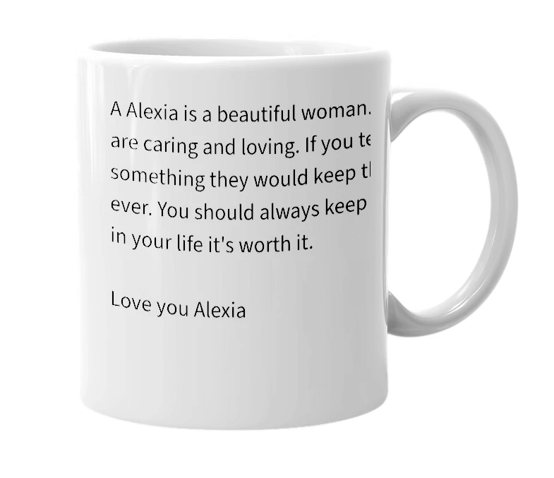 White mug with the definition of 'Alexia'