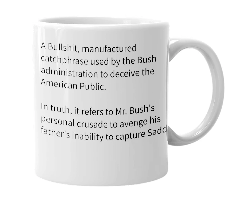 White mug with the definition of 'Operation Iraqi Freedom'