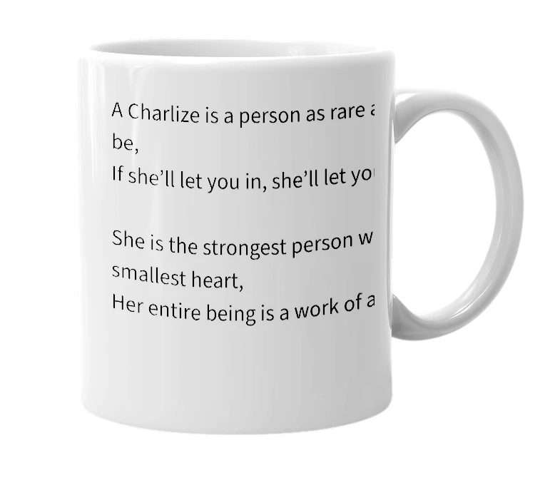 White mug with the definition of 'Charlize'