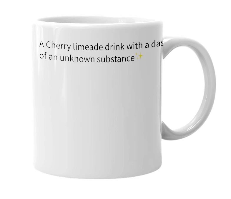White mug with the definition of 'Chalky limeade'