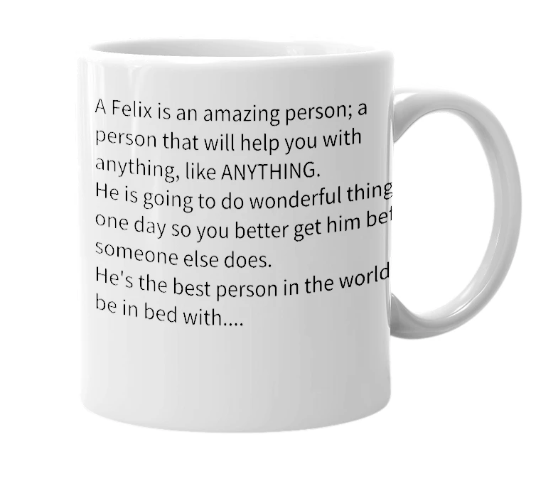 White mug with the definition of 'felix'