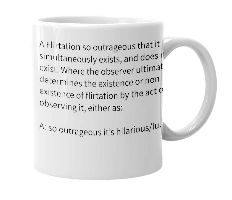 White mug with the definition of 'Schrödinger’s Flirt'