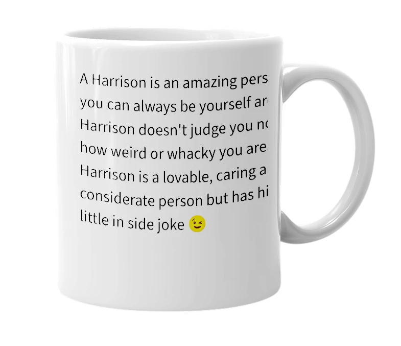 White mug with the definition of 'Harrison'