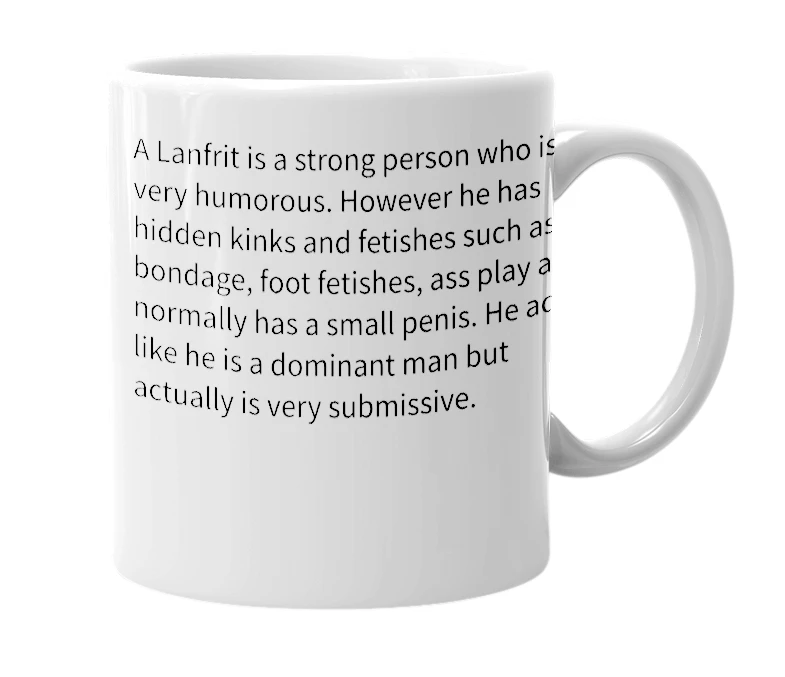 White mug with the definition of 'Lanfrit'