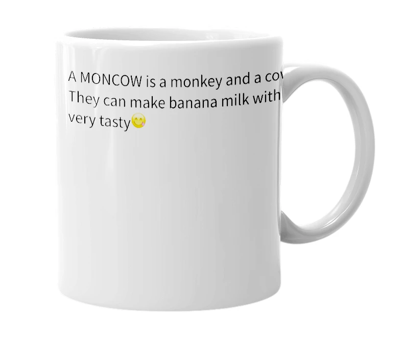 White mug with the definition of 'MONCOW'