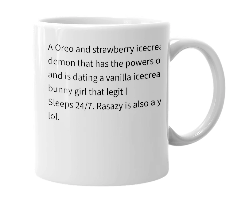 White mug with the definition of 'Rasazy'