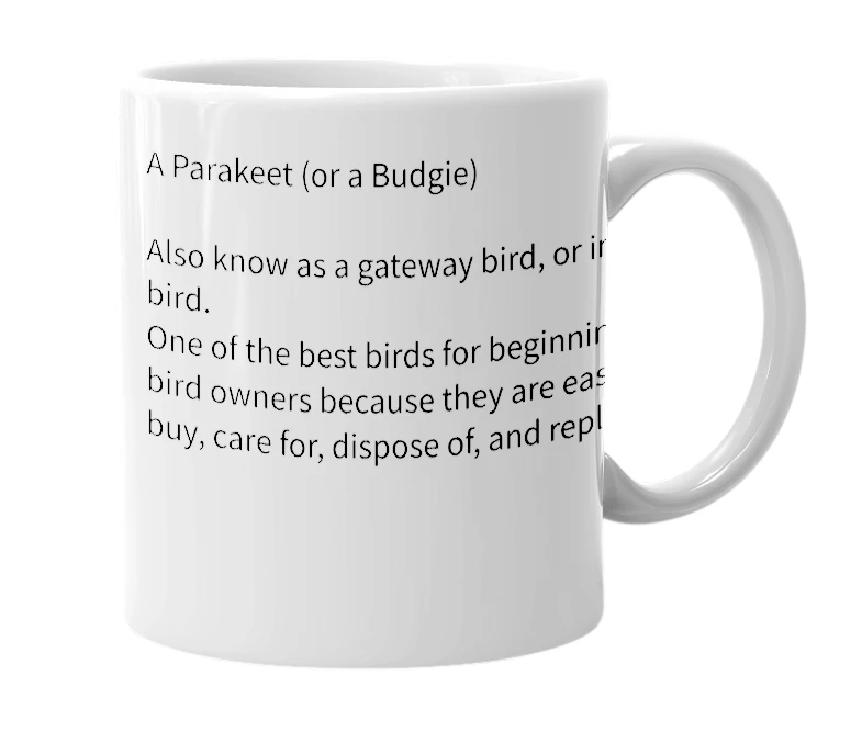 White mug with the definition of 'throwaway bird'