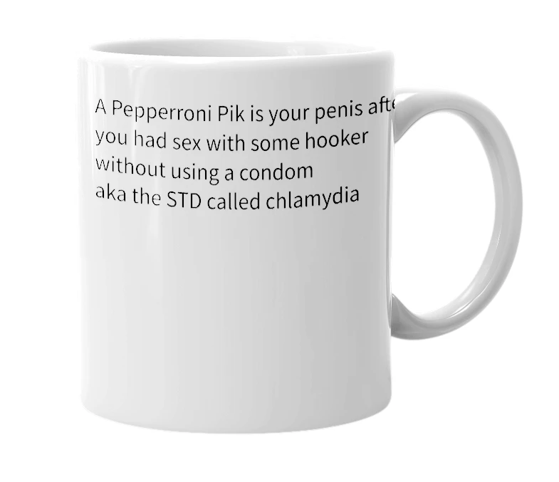 White mug with the definition of 'Pepperoni Pik'