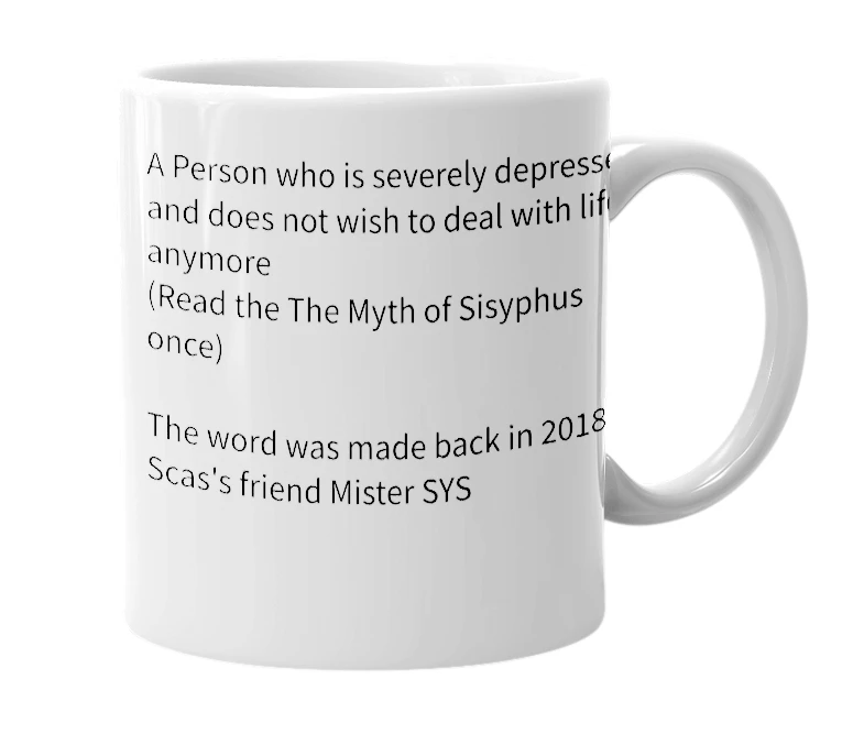 White mug with the definition of 'Scas'