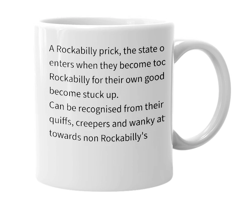 White mug with the definition of 'Cockabilly'