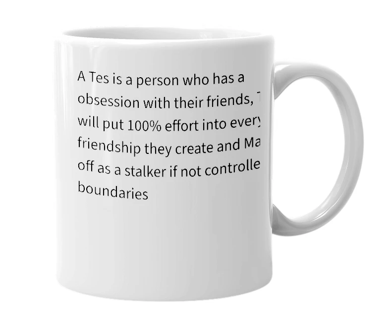 White mug with the definition of 'Tes'