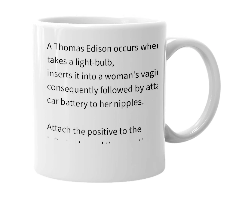 White mug with the definition of 'Thomas Edison'