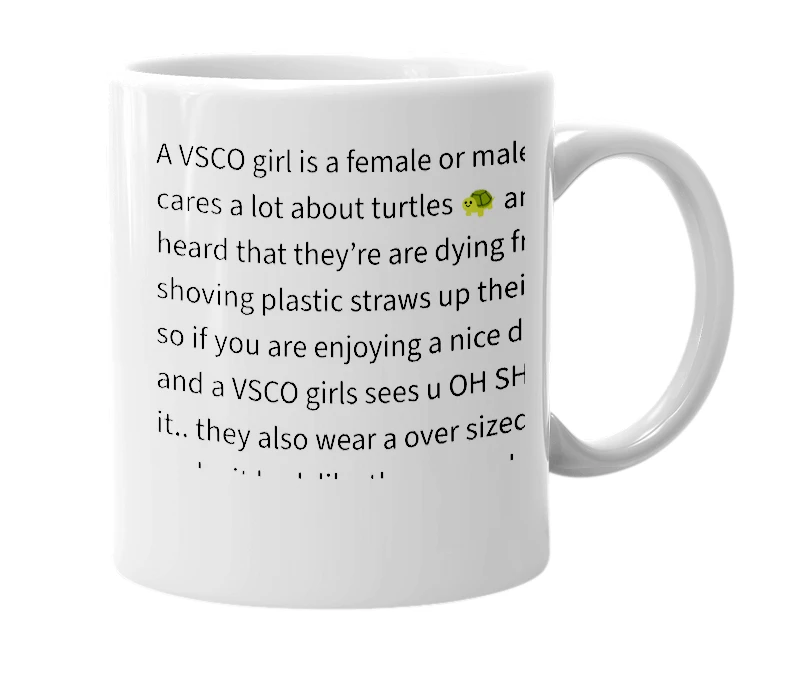 White mug with the definition of 'VSCO girl'