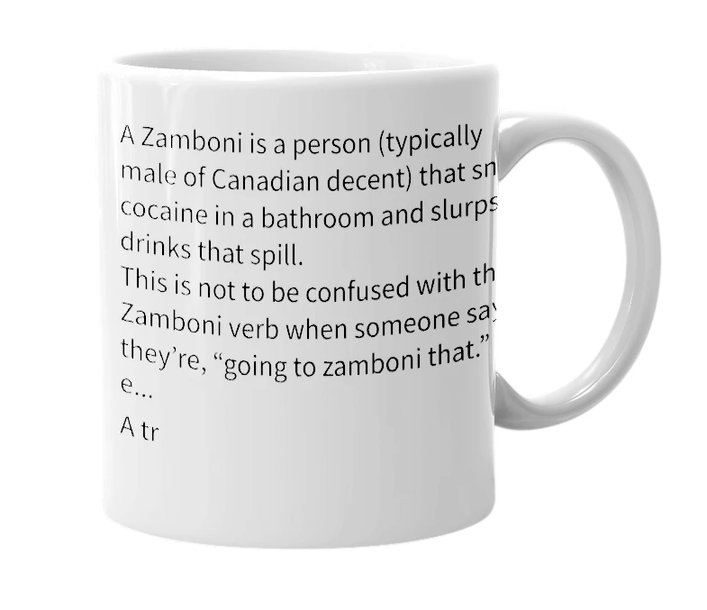 White mug with the definition of 'Zamboni'