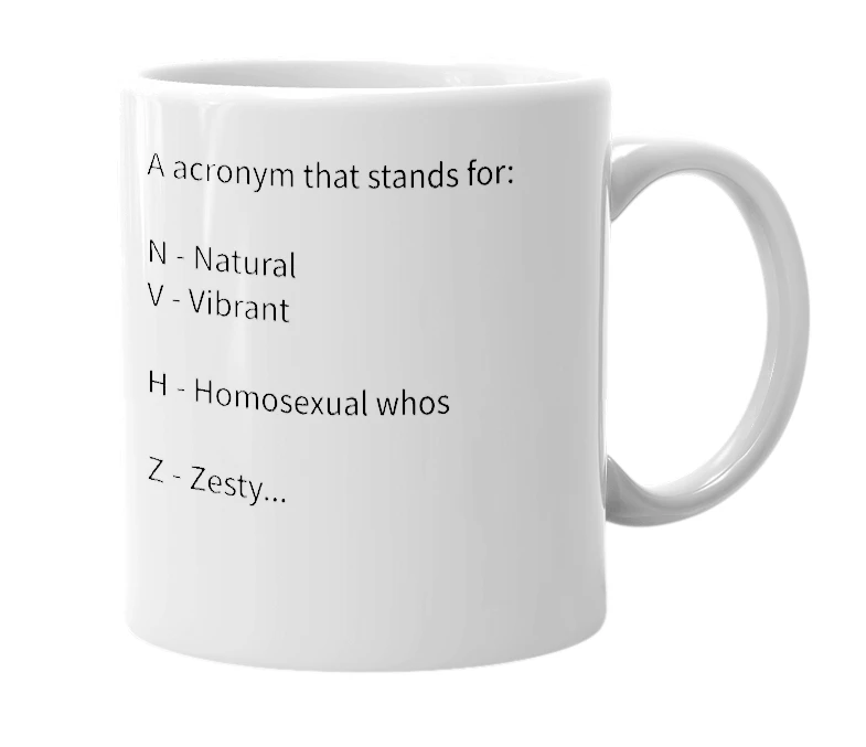White mug with the definition of 'nvhz'