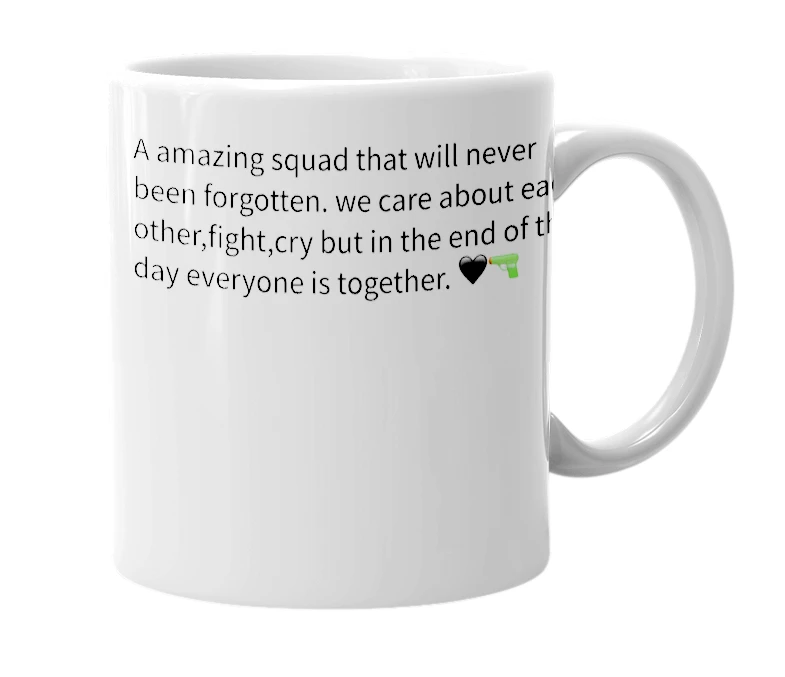 White mug with the definition of 'Rat squad 🖤🔫'