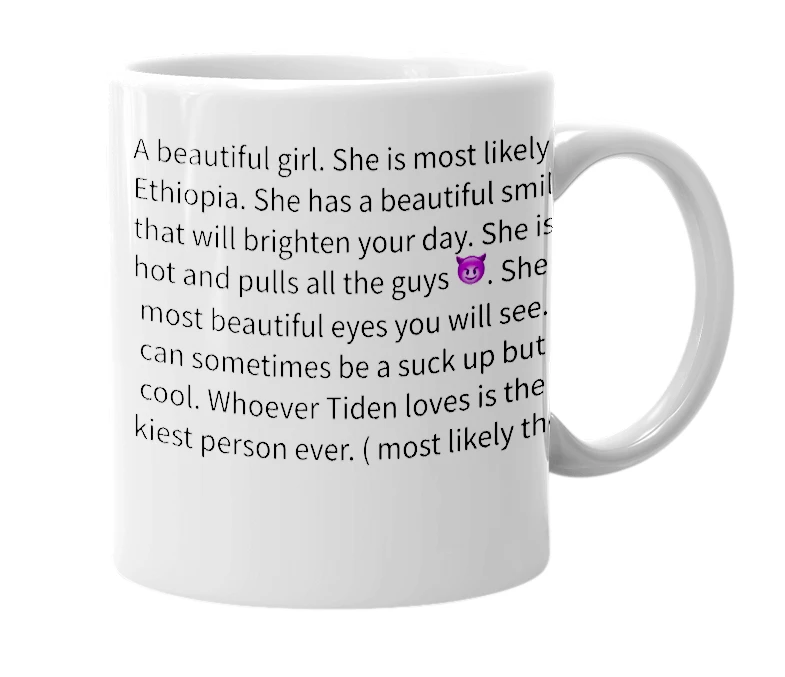 White mug with the definition of 'Tiden'